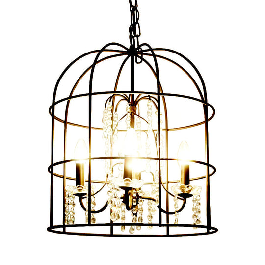 Classic Birdcage 4-Light Pendant Chandelier In Black With Crystal Draping