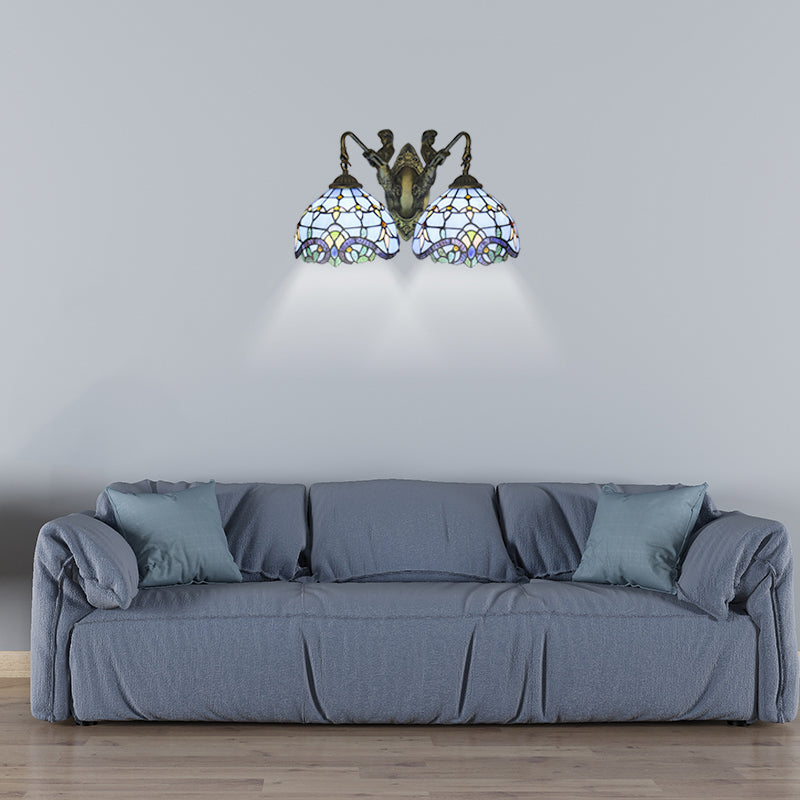 Blue Glass Mediterranean Dome Wall Sconce With 2 Lights - Perfect For Living Room Lighting