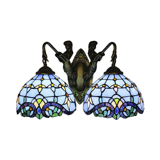 Blue Glass Mediterranean Dome Wall Sconce With 2 Lights - Perfect For Living Room Lighting