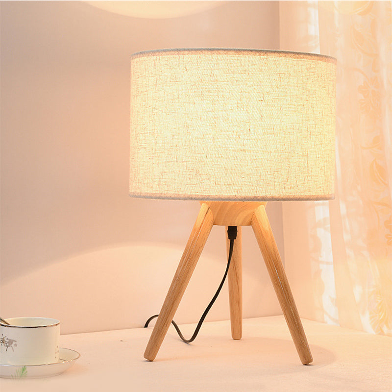 Modern Fabric Led Book Light With Cylinder Shape And Wooden Tripod Stand Wood