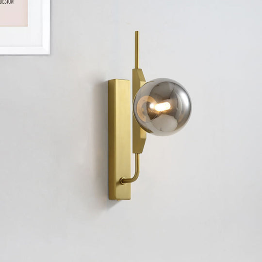 Modern Brass Wall Sconce With Sphere Glass Shade - Led Bedroom Lighting In Smoky/White/Amber Smoke