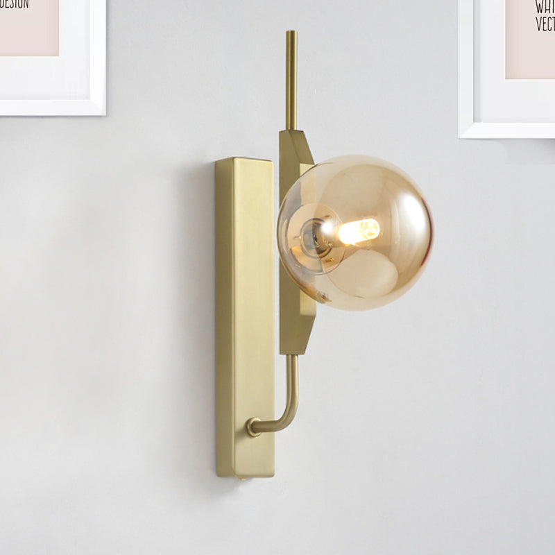 Modern Brass Wall Sconce With Sphere Glass Shade - Led Bedroom Lighting In Smoky/White/Amber Amber