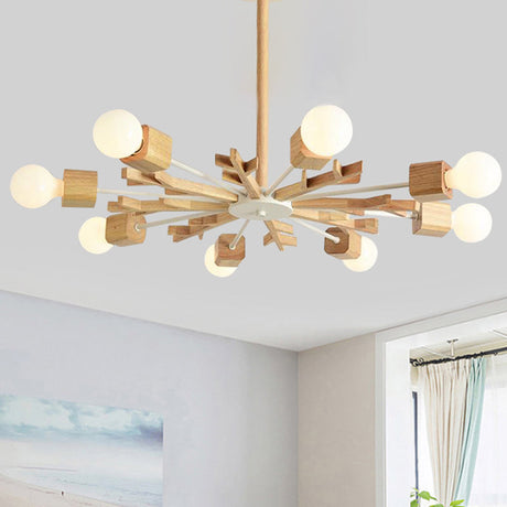 Beige Snowflake Pendant Light: Japanese Style Wood Chandelier For Bedroom