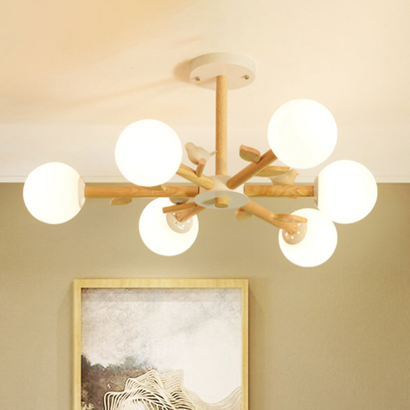 White Japanese Style Bedroom Chandelier With Bird Wood Glass Orb Shade 6 /