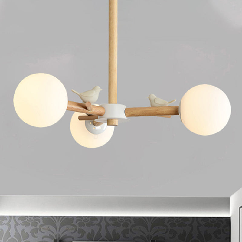 White Japanese Style Bedroom Chandelier With Bird Wood Glass Orb Shade