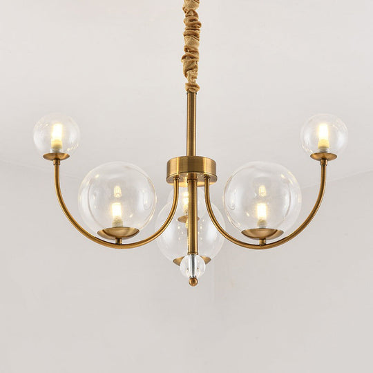 Arched Arm Chandelier With Elegant Metal Frame Globe Glass Shade Pendant Light For Living Room