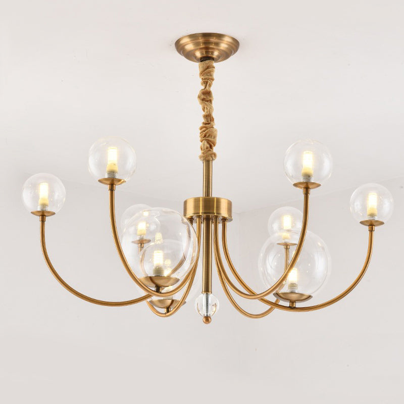 Arched Arm Chandelier With Elegant Metal Frame Globe Glass Shade Pendant Light For Living Room