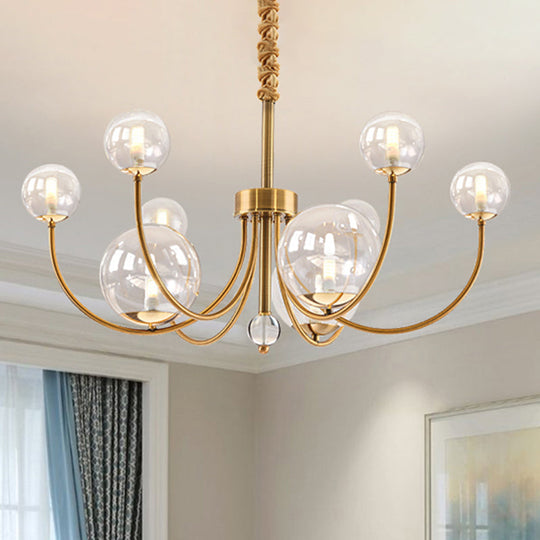 Arched Arm Chandelier With Elegant Metal Frame Globe Glass Shade Pendant Light For Living Room