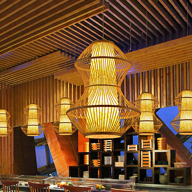 Bamboo Asian Gourd Hanging Restaurant Lamp In Wood - 19.5/23.5 Wide Pendant Light