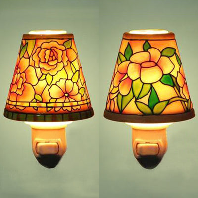 Floral Ceramic Night Light With Tapered Shade - 1-Light Lodge Wall Lighting For Bedside