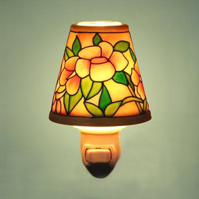 Floral Ceramic Night Light With Tapered Shade - 1-Light Lodge Wall Lighting For Bedside Yellow /