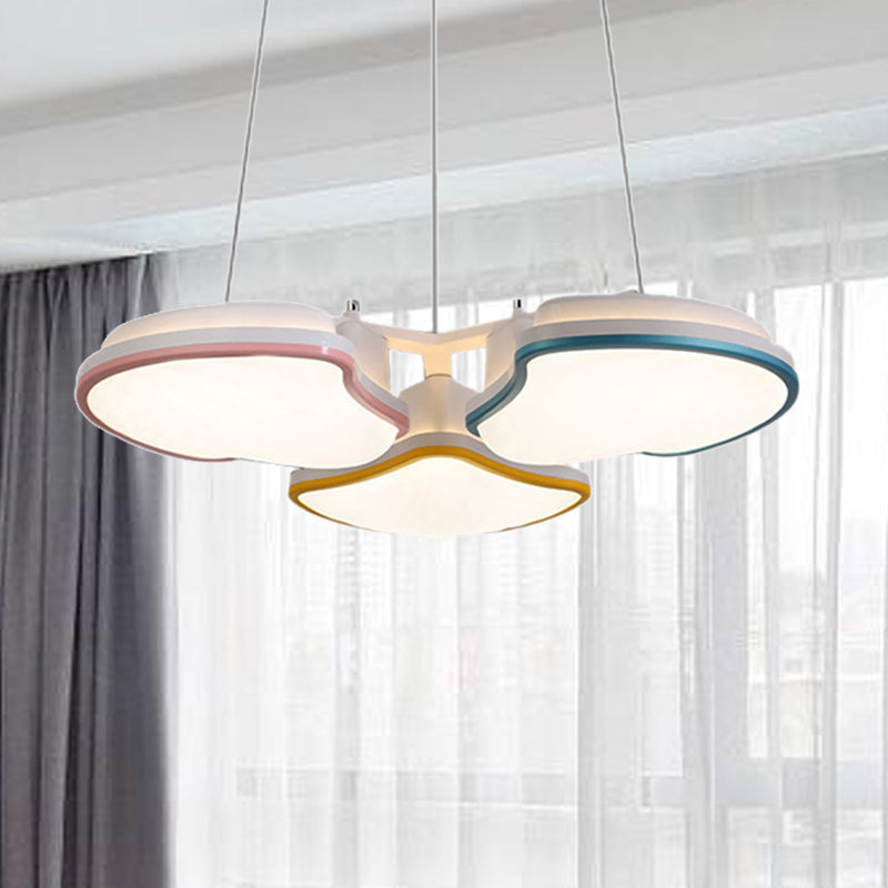 Multicolor Led Kids Bedroom Pendant Light With 3-Head Leaf Metal Shade Blue-Pink-Yellow