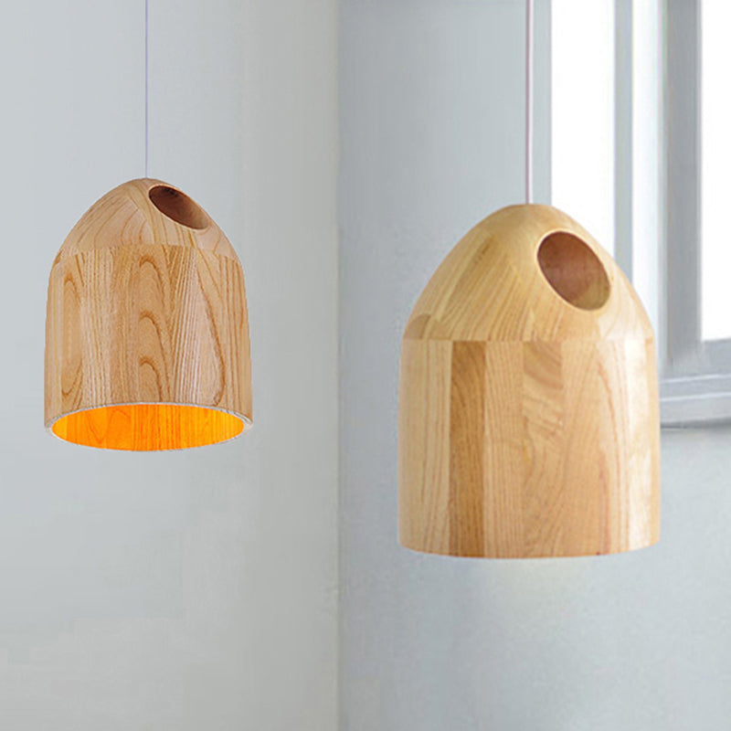 Contemporary Japanese Style Wood Bell Pendant - Beige Ceiling Light With Adjustable Cord- 1-Light