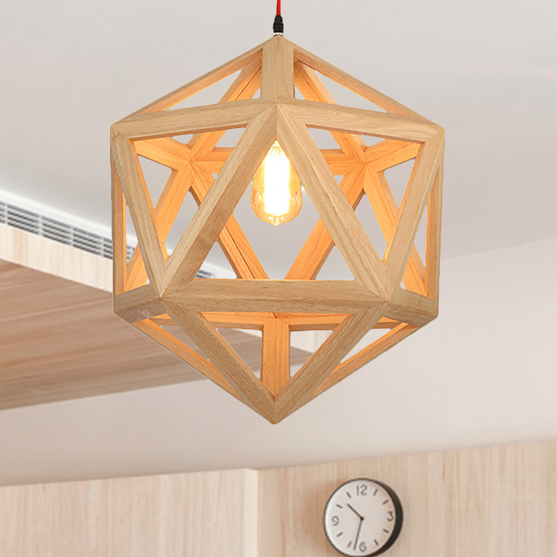 Cage Wood Pendant Light For Dining Room - 1-Head Ceiling Fixture In 15/19 Size / 15