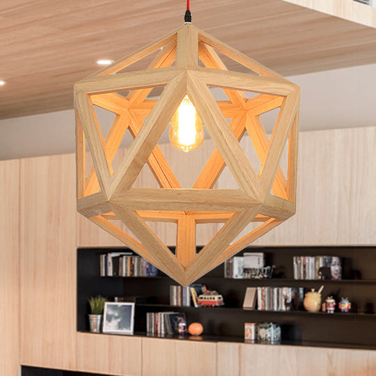 Cage Wood Pendant Light For Dining Room - 1-Head Ceiling Fixture In 15/19 Size