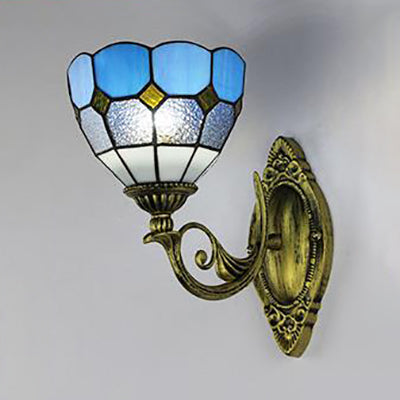 Vintage Tiffany Stained Glass Bowl Sconce 1 Light Wall Lighting For Corridor Clear/White