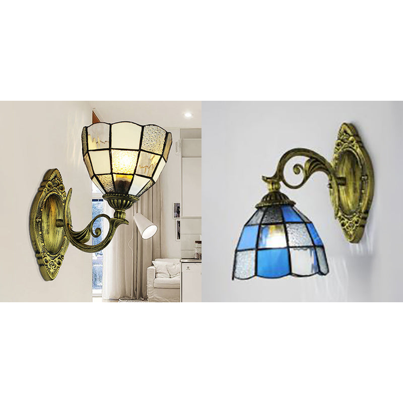 Tiffany Glass Wall Sconce In White/Blue For Bedroom Lighting