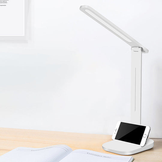Adjustable White Oblong Shade Desk Lamp With Phone Holder - Modern Plastic Light