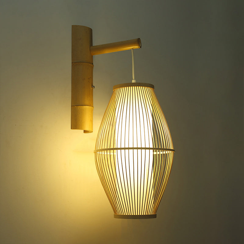 Oriental Oval Wall Light Sconce With Bamboo Lantern Design - 1-Light Beige Lamp