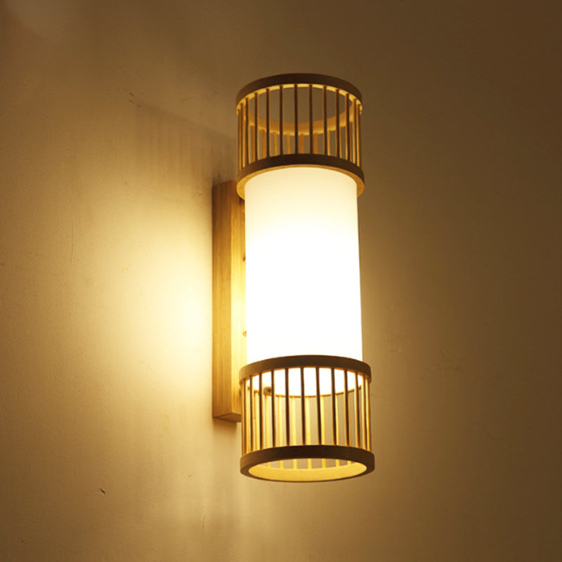 Asian Bamboo Cylinder Shade Wall Sconce Light In Beige - Stylish 1-Head Lamp For Stairway