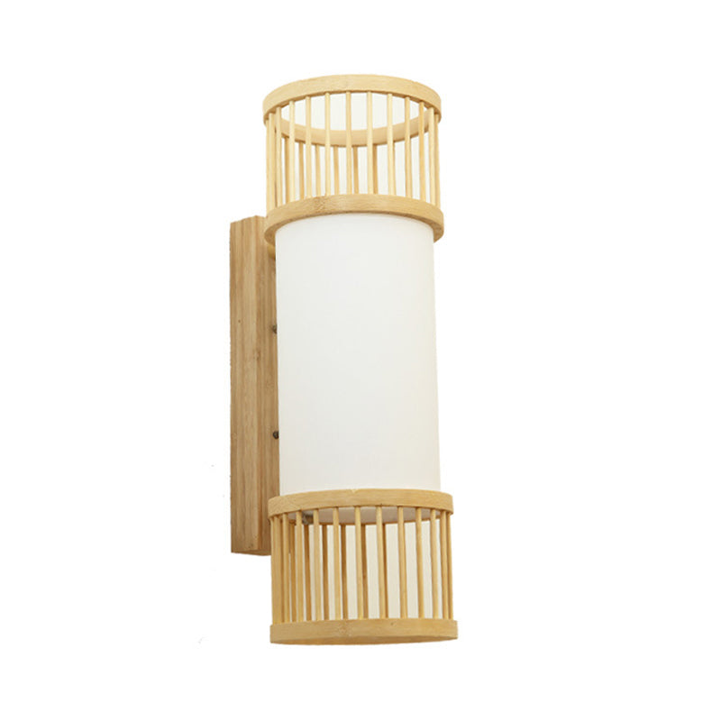 Asian Bamboo Cylinder Shade Wall Sconce Light In Beige - Stylish 1-Head Lamp For Stairway