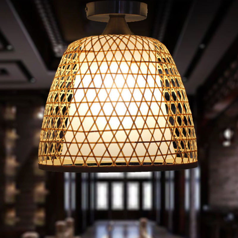 Asian Style Bamboo Pendant Lamp With Cross Woven Design - Bedroom Lighting Fixture Beige