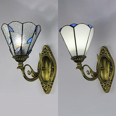 Vintage Aged Brass Curved Arm Wall Light With Stained Glass Cone Shade - White/Clear