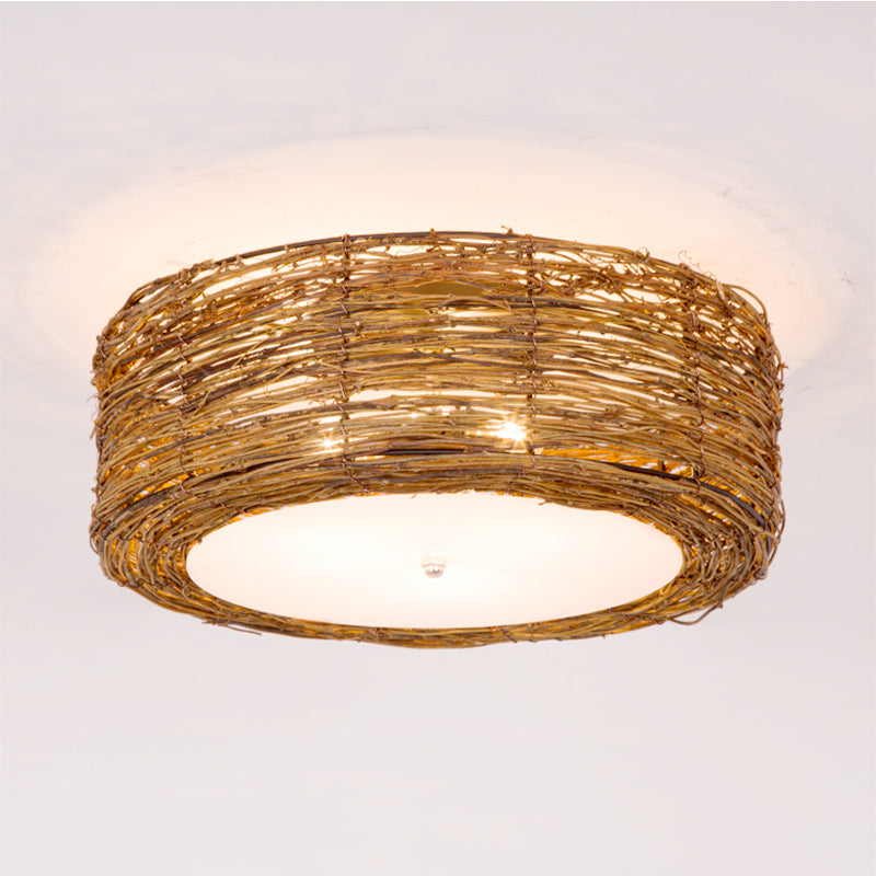 Modern 3-Light Rattan Flush Mount Ceiling Lamp - Hand-Woven Round Shade In Brown 16/19.5 Width / 16