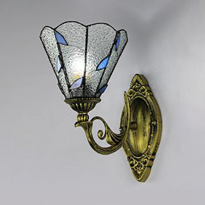 Vintage Aged Brass Curved Arm Wall Light With Stained Glass Cone Shade - White/Clear Clear
