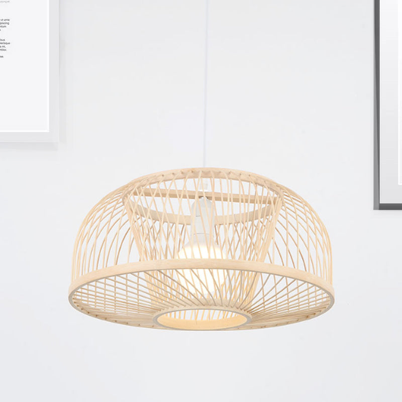 Asian Style Beige Bamboo Pendant Light For Living Room - Domed Ceiling Hanging With 1 Head