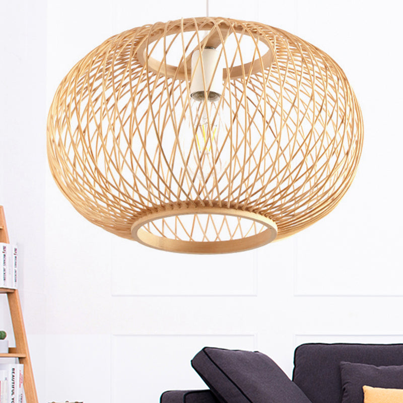 Bamboo Round Drum Pendant Light - Asian Style Hanging Lamp For Living Room 16/19.5 Wide Beige / 16
