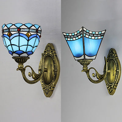 Blue Stained Glass Nautical Wall Sconce With Dome/Swallow-Tail Shape - 1 Light Mount