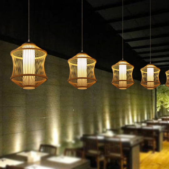 1 Head Asian Style Restaurant Hanging Light With Cylinder Bamboo Shade - Beige Ceiling Lamp
