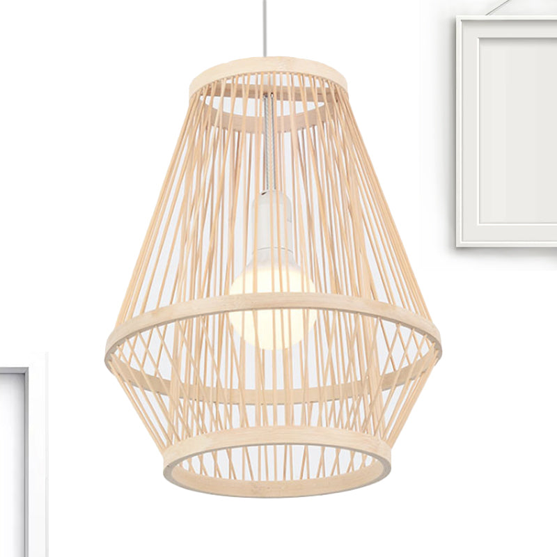 Modern Hand-Worked Bamboo Pendant Ceiling Light - 1-Light Hanging Lamp In Beige For Dining Room