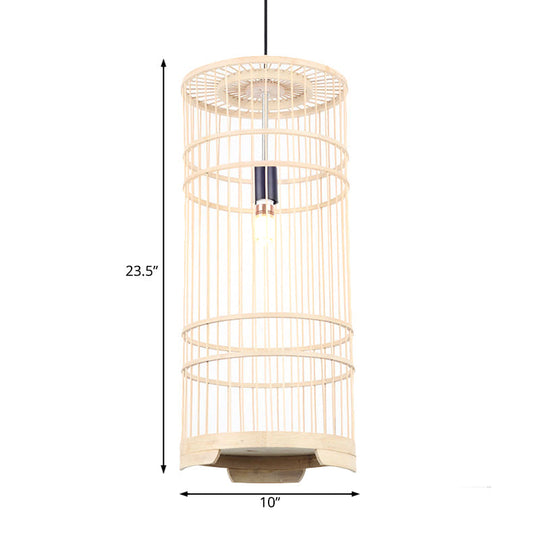 Asian Style Bamboo Pendant Light With Cylindrical Shade - 1-Bulb Beige Lamp For Dining Room