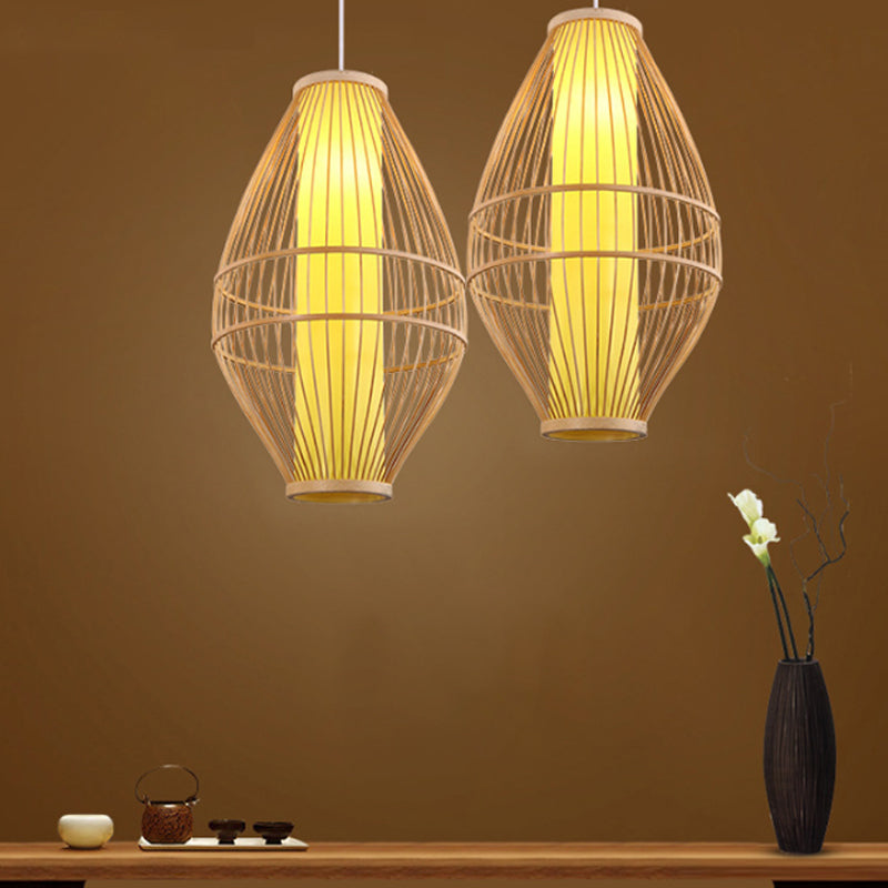 Hand-Woven Beige Hanging Light: Asian Style 1-Light Bamboo Pendant Lamp