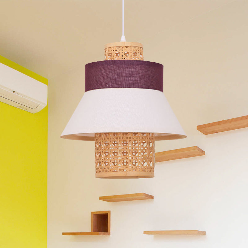 Asian-Inspired Bedroom Pendant Lamp With Handcrafted Green/Purple Fabric And Bamboo Interior Shade