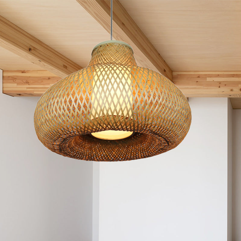 Bamboo Gourd Pendant Light: Chinese 1-Light Beige Hanging Lamp For Restaurants & Hotels
