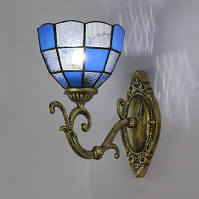 Tiffany Vintage Grid Glass Bowl Wall Sconce Lamp - Clear/Blue 1 Light For Bedroom Lighting Blue