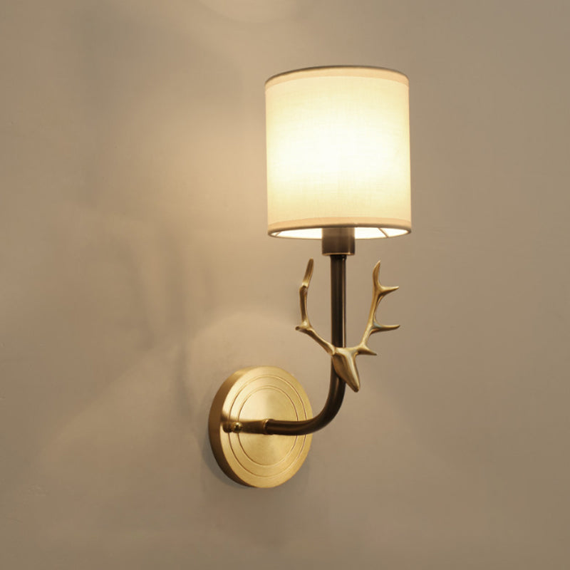 Modern 1/2 Lights Wall Sconce With Fabric Shade - Black/Gold Cylinder Mount Fixture Featuring Metal
