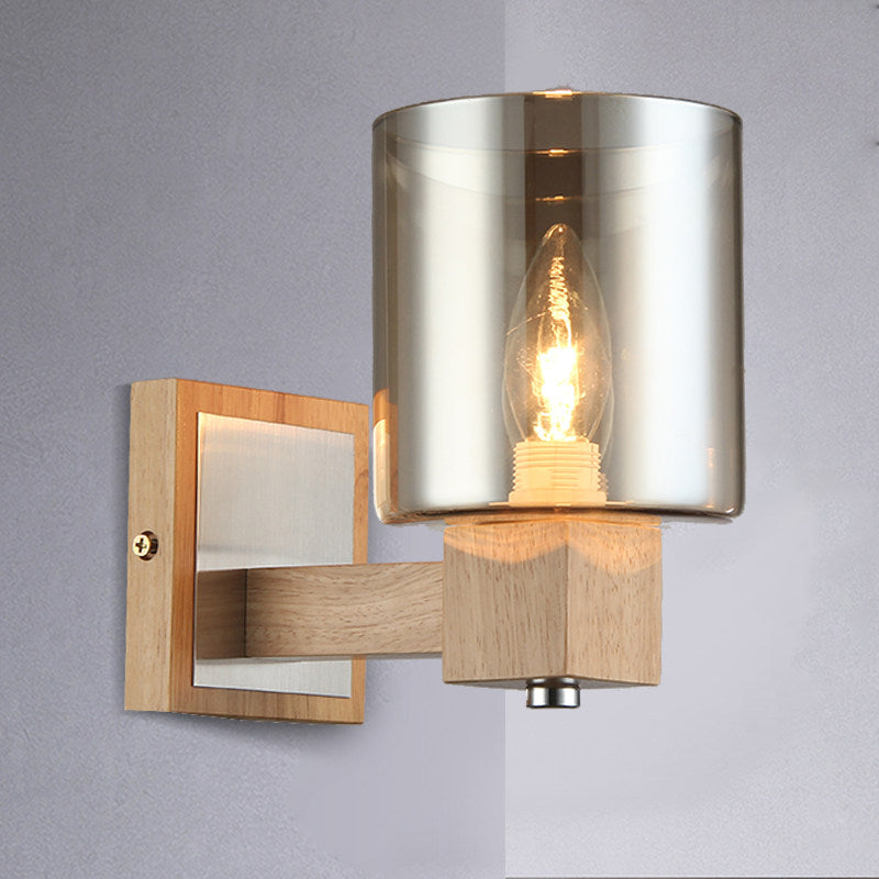 Vintage 1-Light Wall Mount Lamp With Smoke Glass Shade - Natural Wood Cylindrical Sconce Fixture
