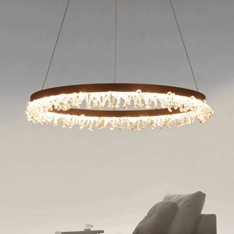 Contemporary Crystal Led Chandelier Light: Brown Round Hanging Lamp Natural Light For Bedroom -