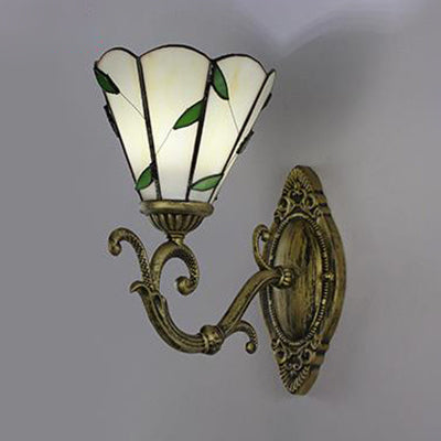 Vintage Conic Sconce Lamp: Stained Glass Wall Lighting In White/Green For Corridors