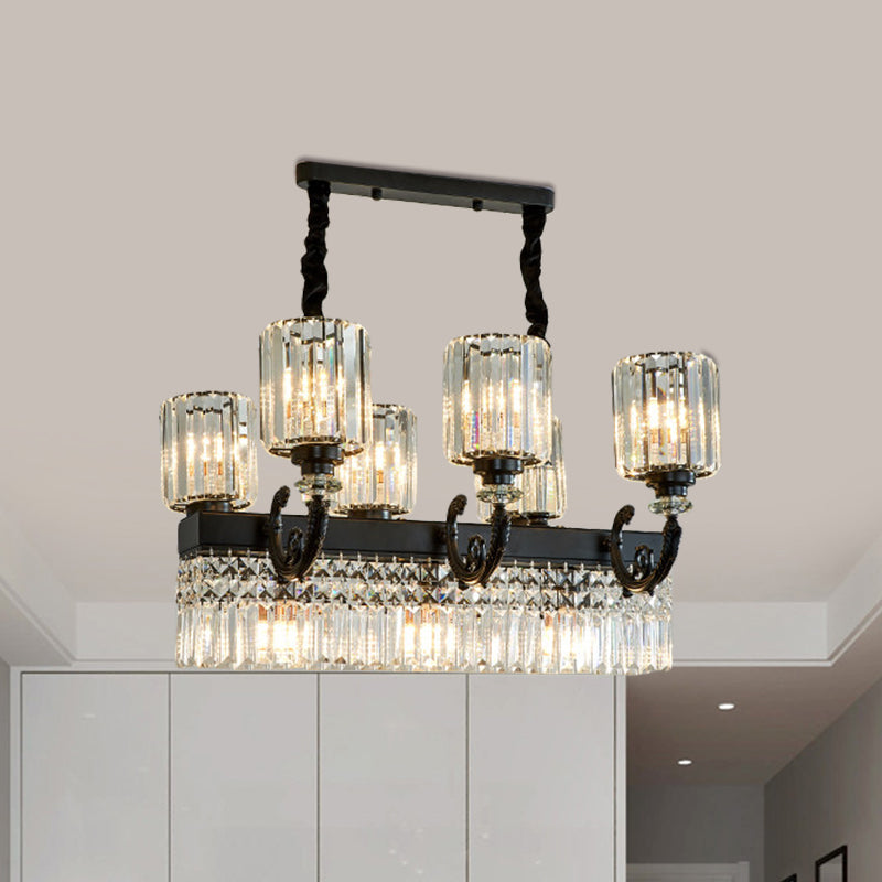 Modern Black Crystal Prism Island Pendant Lamp With Fringe - 9-Head Cylindrical Style
