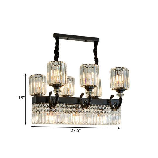 Modern Black Crystal Prism Island Pendant Lamp With Fringe - 9-Head Cylindrical Style