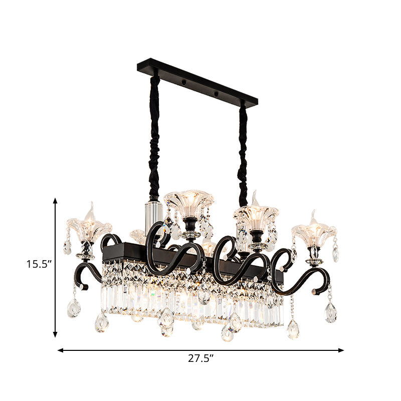 Vintage Black Crystal Prism Island Pendant Lamp - 9 Lights With Flared Suspension And Scroll Arm