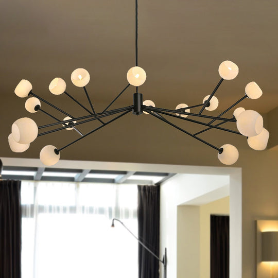 Modernist Frosted Glass Pendant Light - Elegant 18-Light Black Branch Chandelier For Living Room