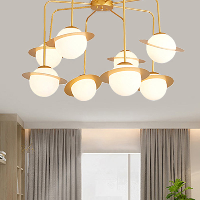 Contemporary Metal Radial Chandelier with 8 Lights - Gold/Chrome LED Ceiling Lamp and Glass Globe Shade