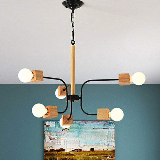 Modern Curved Arm Pendant Chandelier With Multi Lights And Wood Detailing Black