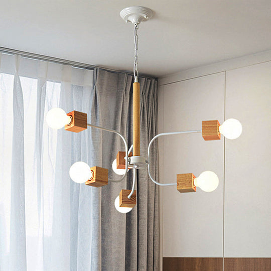 Modernist Curved Arm Pendant Chandelier: White/Black, Multi-Light Wood Hanging Lamp with Chain